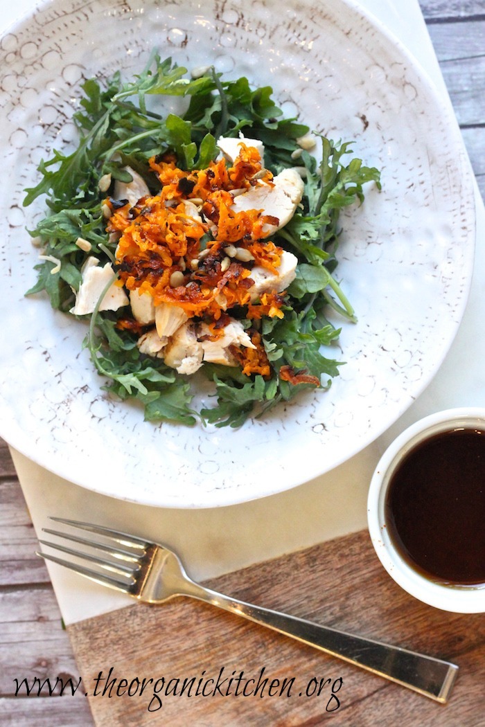 Baby Kale Chicken Salad with Crispy Sweet Potatoes