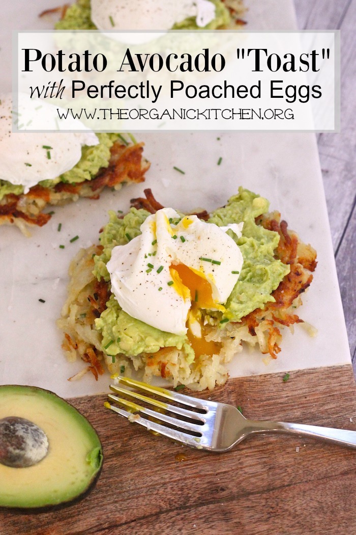 A marble cutting board withPotato Avocado "Toast" With Perfectly Poached Eggs! 