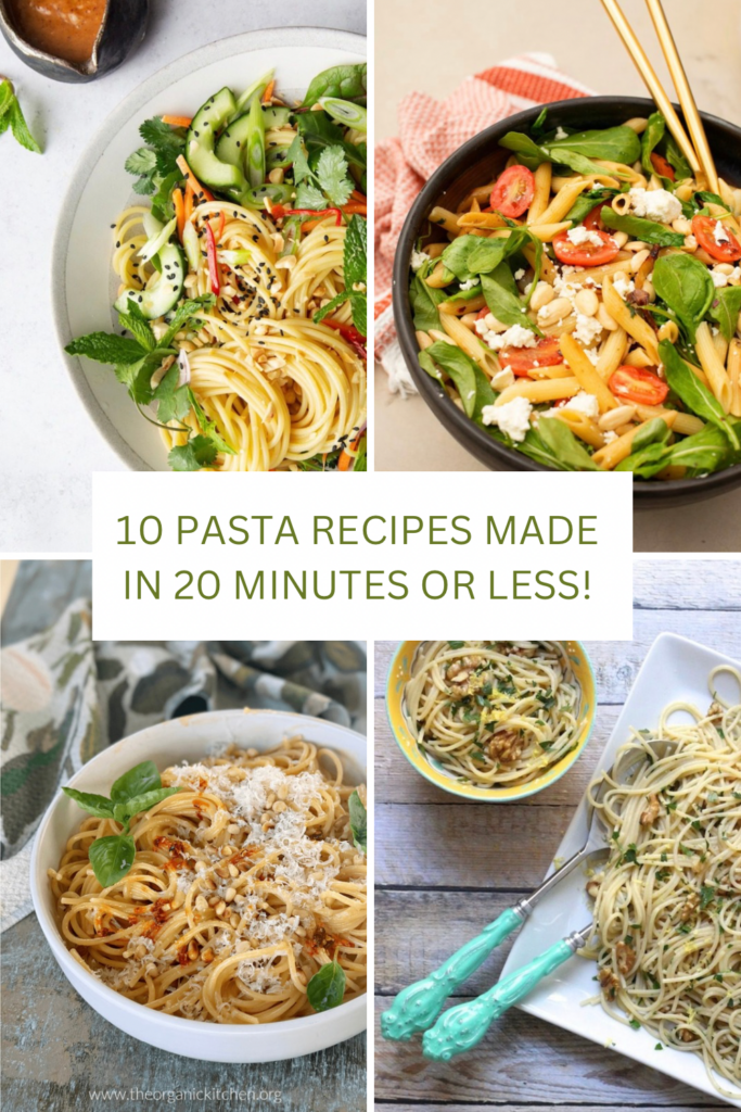 pasta aglio e olio a collage of four photos of pasta recipes