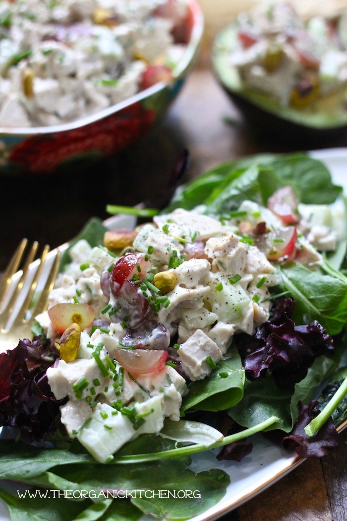 A small plate of lettuce topped with The Best Homemade Chicken Salad!