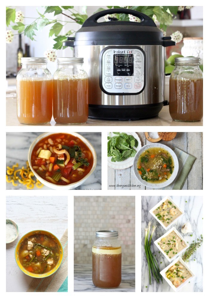 An Instant Pot surrounded by jars of bone broth and bowls of various soups