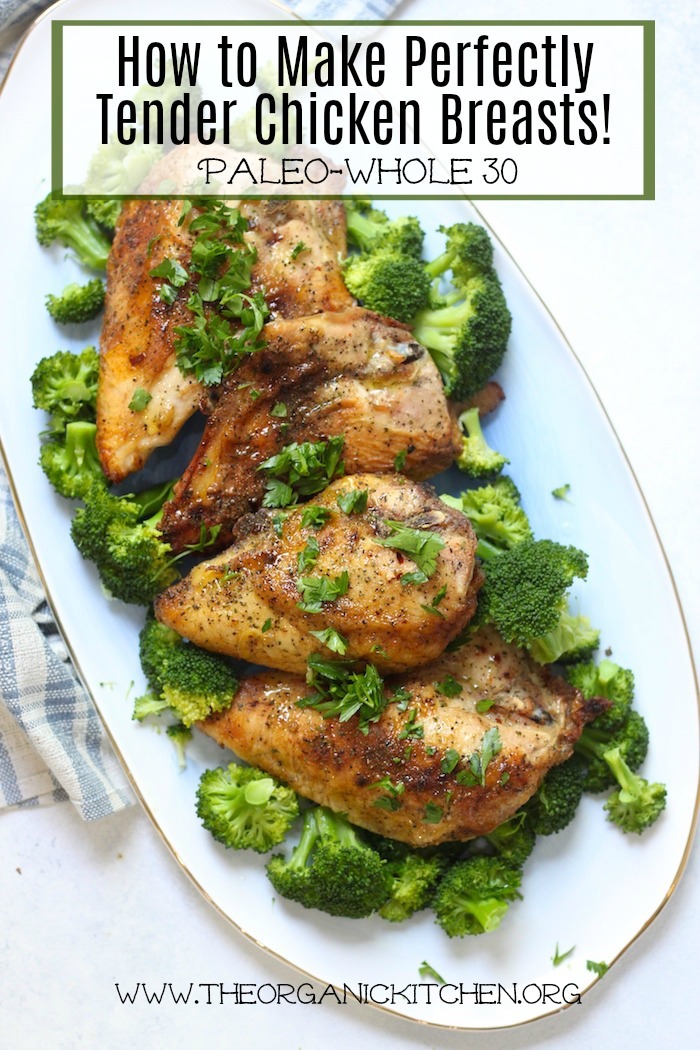 How to Make a Perfectly Tender Chicken Breast! A beautiful blue platter loaded with chicken breasts and broccoli