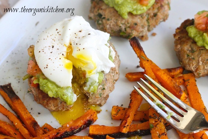 Jalapeño Turkey Burgers topped with poached egg and served alongside butternut squash fries