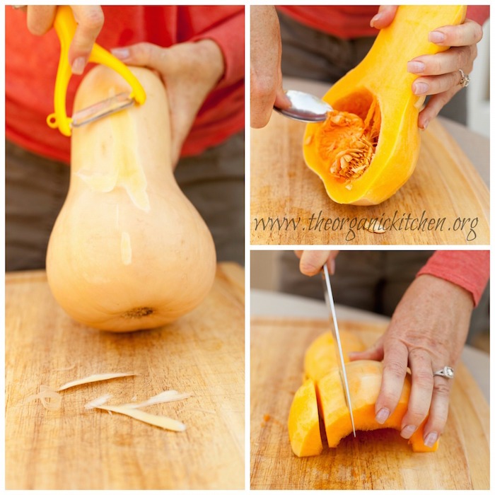 A woman demonstrating how to peel and slice a butternut squash for use in Rosemary Butternut Squash 'Fries' 