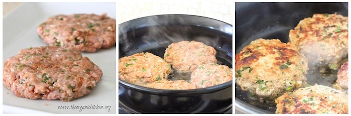 Three photos depicting how to cook Jalapeño Turkey Burgers in a frying pan