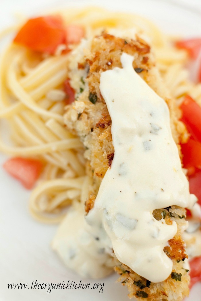 Parmesan Crusted Chicken Tenders Over Pasta with Cream Sauce | The