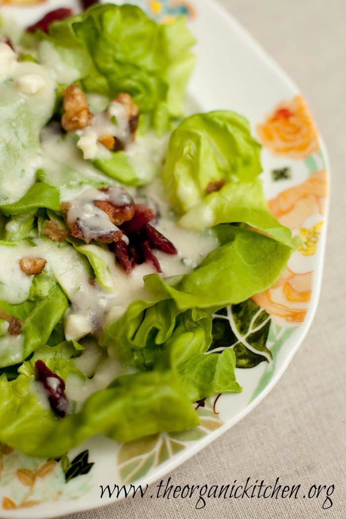 Butter Leaf Salad with Creamy Pear Vinaigrette on small plate set on beige fabric