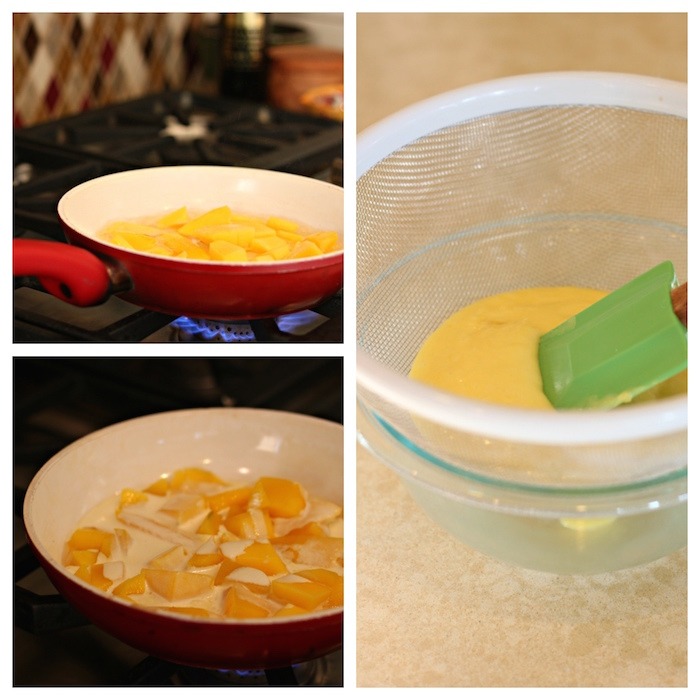 Three photos depicting how to make mango sauce