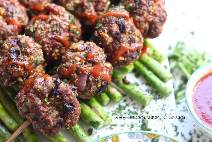 Grilled Bacon Sriracha Meatball Skewers with Coconut Rice! ~ Dairy Free, Gluten Free