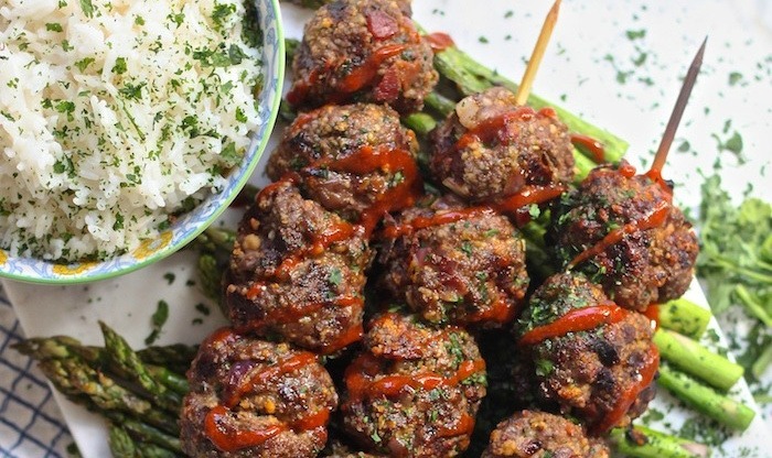 Grilled Bacon Sriracha Meatball Skewers with Coconut Rice!