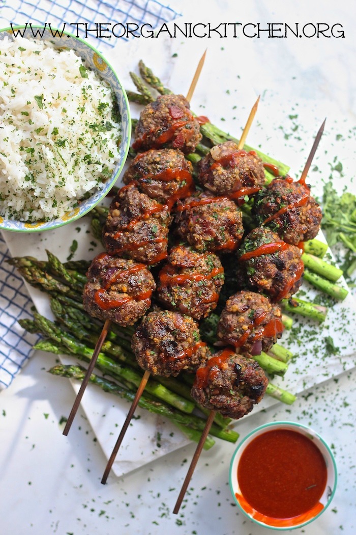 Grilled Bacon Sriracha Meatball Skewers with Coconut Rice! ~ Dairy Free, Gluten Free