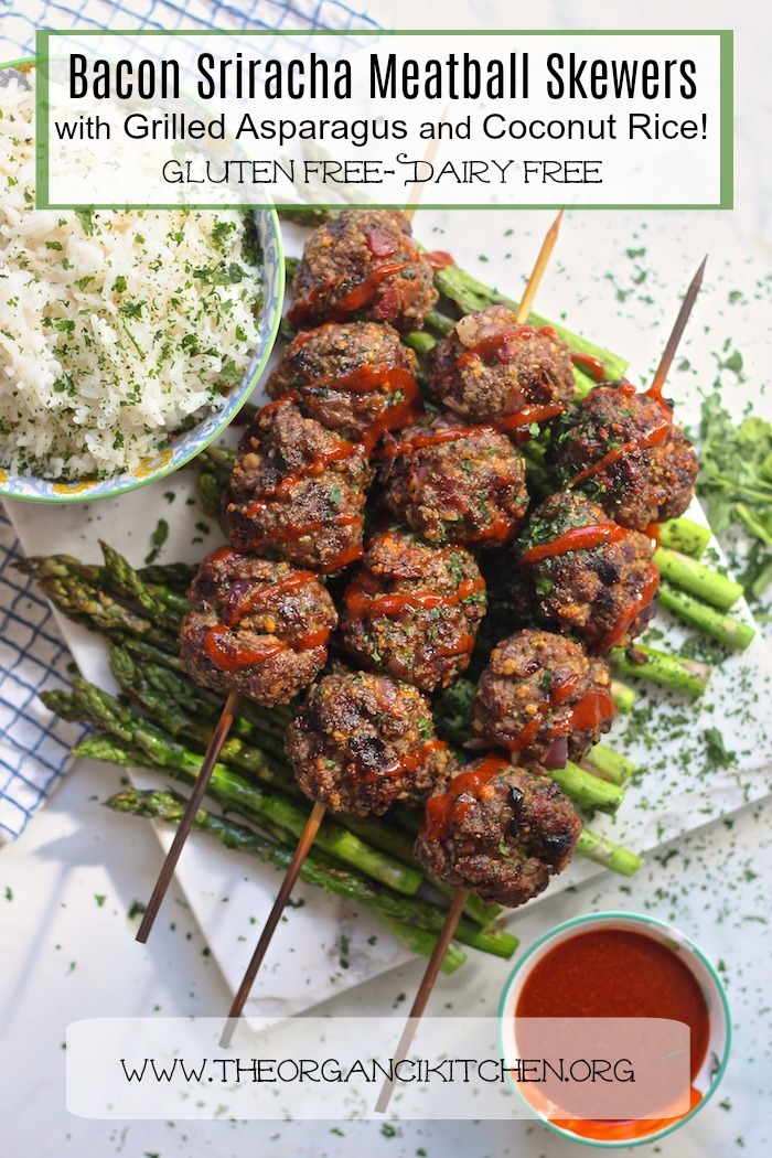 Grilled Bacon Sriracha Meatball Skewers with Coconut Rice! ~ Dairy Free, Gluten Free