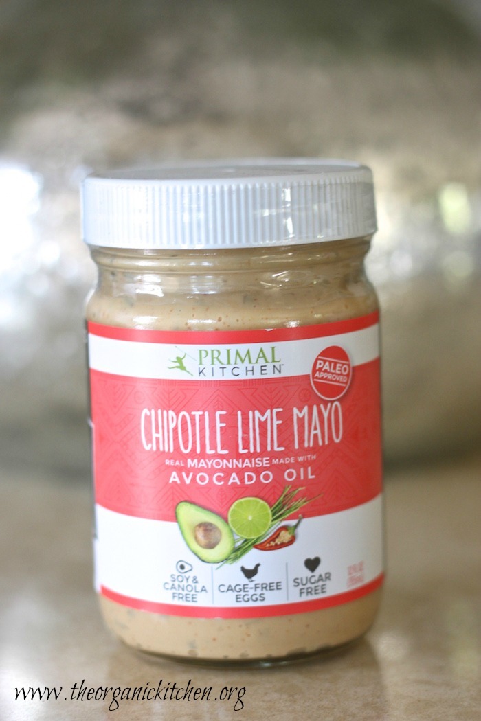 A jar of chipotle lime mayo used to make Salmon with Corn Hash and Chipotle Lime Mayo