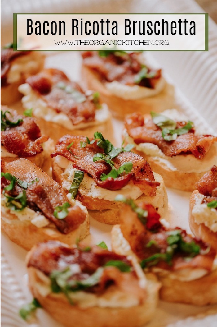 Bacon Ricotta Bruschetta with Fig Jam on white plate