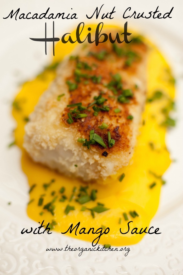 This Macadamia Nut Crusted Halibut with Mango Sauce garnished with parsley 