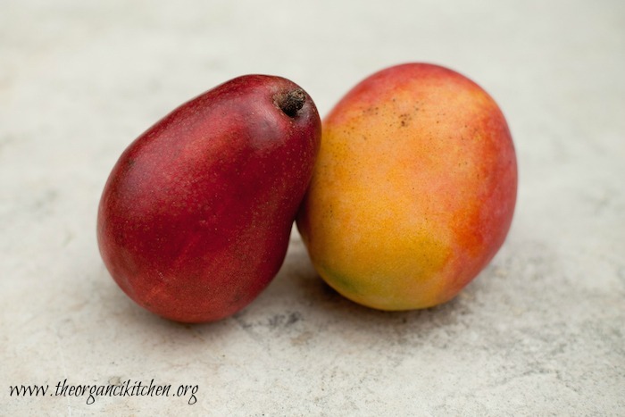 Two ripe mangos on cement surface