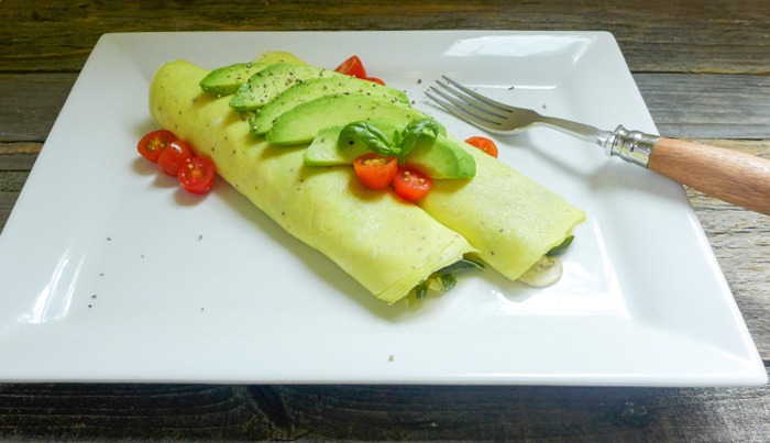 Two crepes topped with avocado and tomatoes on white plate as part of 12 Healthy, Delicious (Whole 30) Breakfast Recipes!