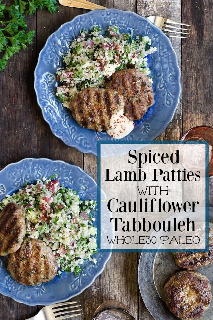 Spiced Lamb Patties with Cauliflower Tabbouleh on blue plates