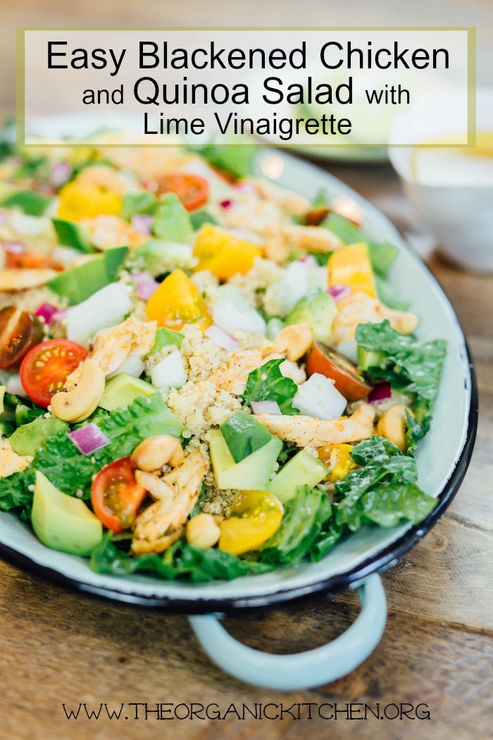 Easy Blackened Chicken and Quinoa Salad on green metal platter 