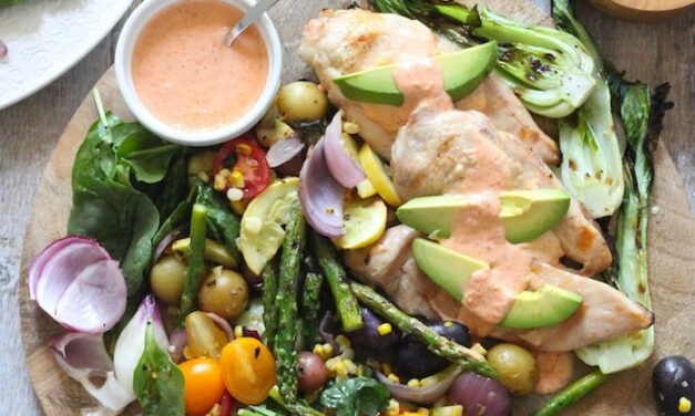 Grilled Chicken and Vegetables with Red Bell Pepper Sauce