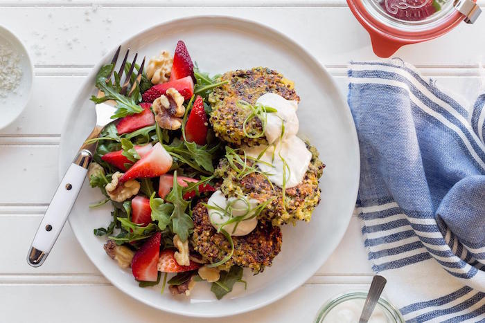 Quinoa Fritters with Strawberry and Arugula Salad