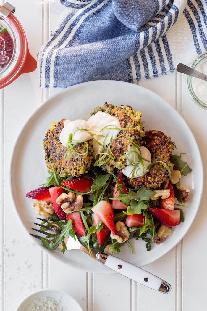 Quinoa Fritters with Strawberry and Arugula Salad