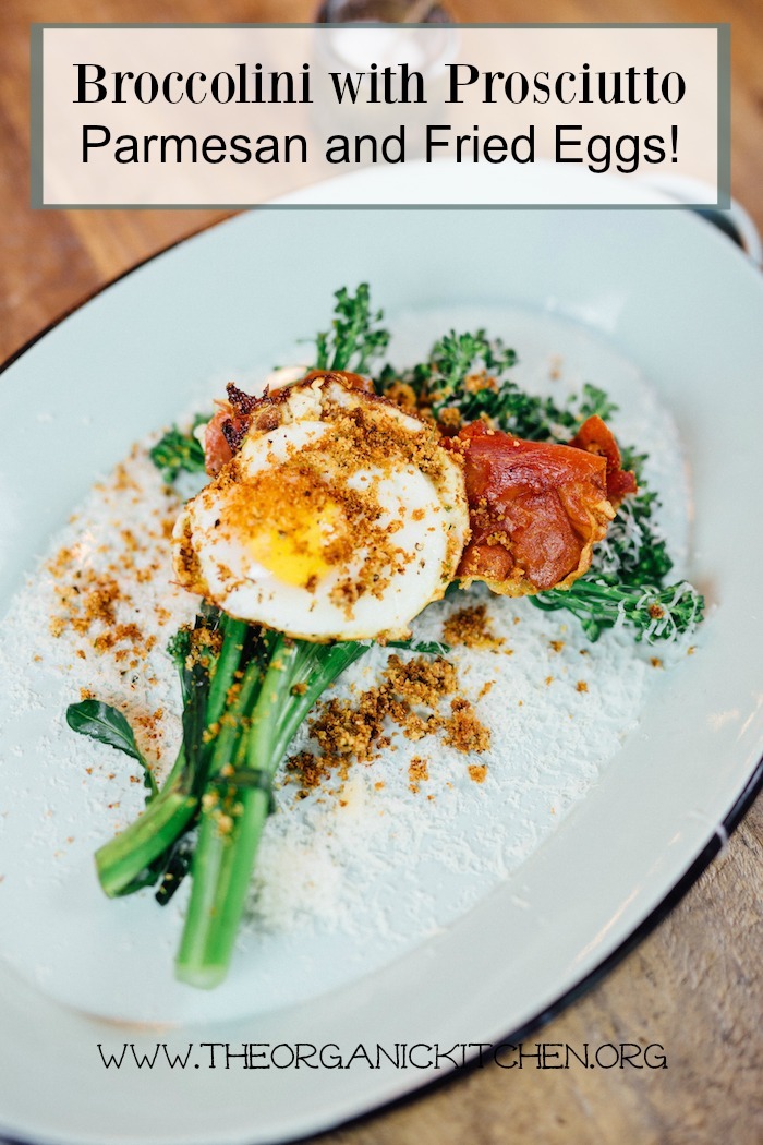 Broccolini with Parmesan, Prosciutto and Fried Egg on blue platter