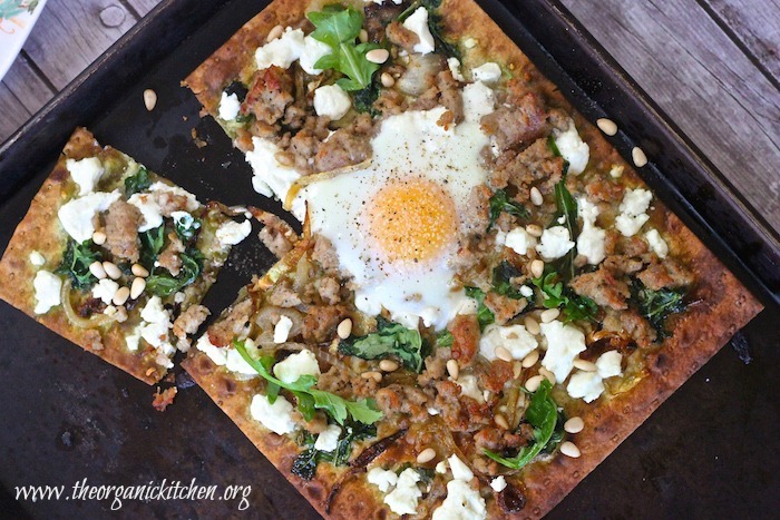 Goat Cheese Flatbread with Italian Sausage and Eggs