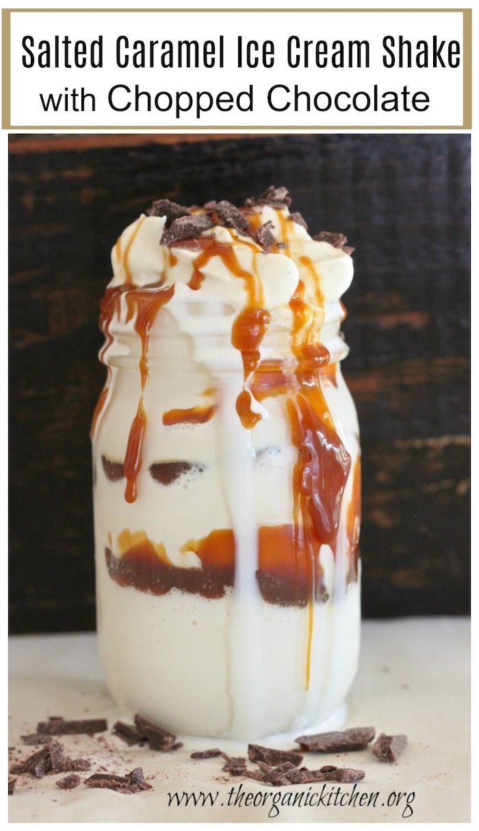 Salted Caramel Ice Cream Shake with Chopped Chocolate in a mason jar 