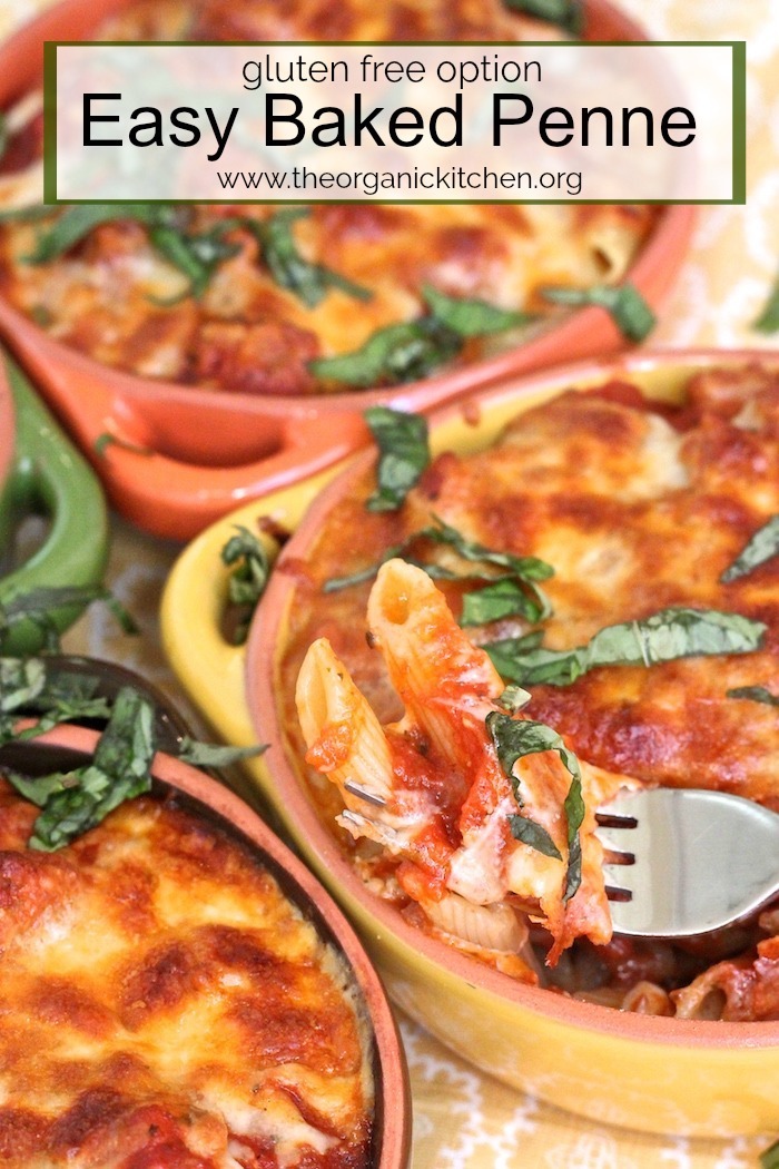 Easy Baked Penne with Italian Sausage in colorful baking dishes