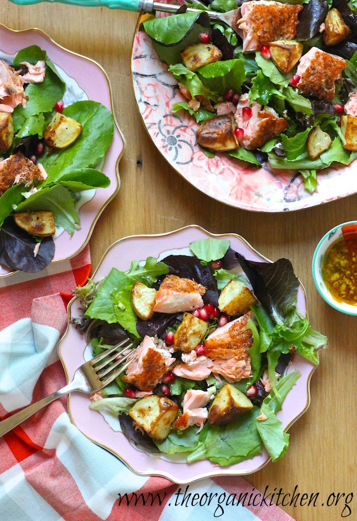 Greens with Crispy Salmon and Roasted Potatoes