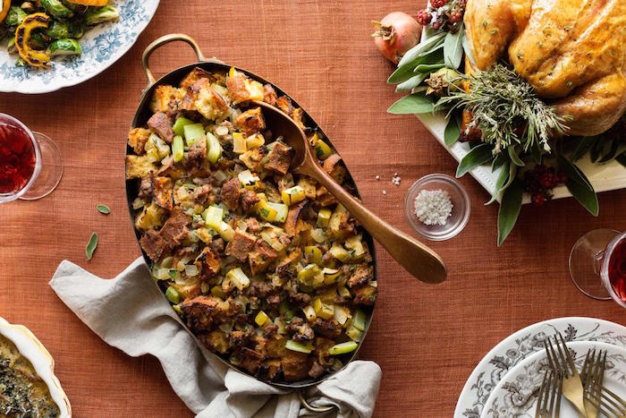 Stuffing in a metal dish as part of Everything You Need for Your Holiday Feast!