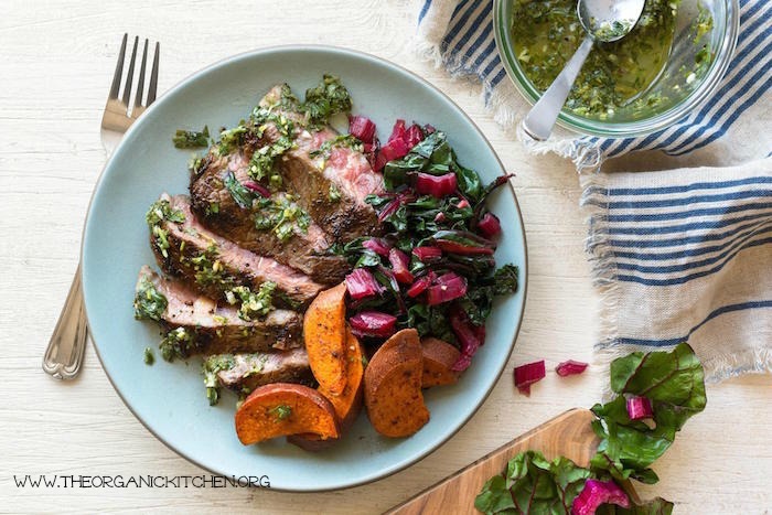 Steaks with Chimichurri and Roasted Harissa Sweet Potatoes