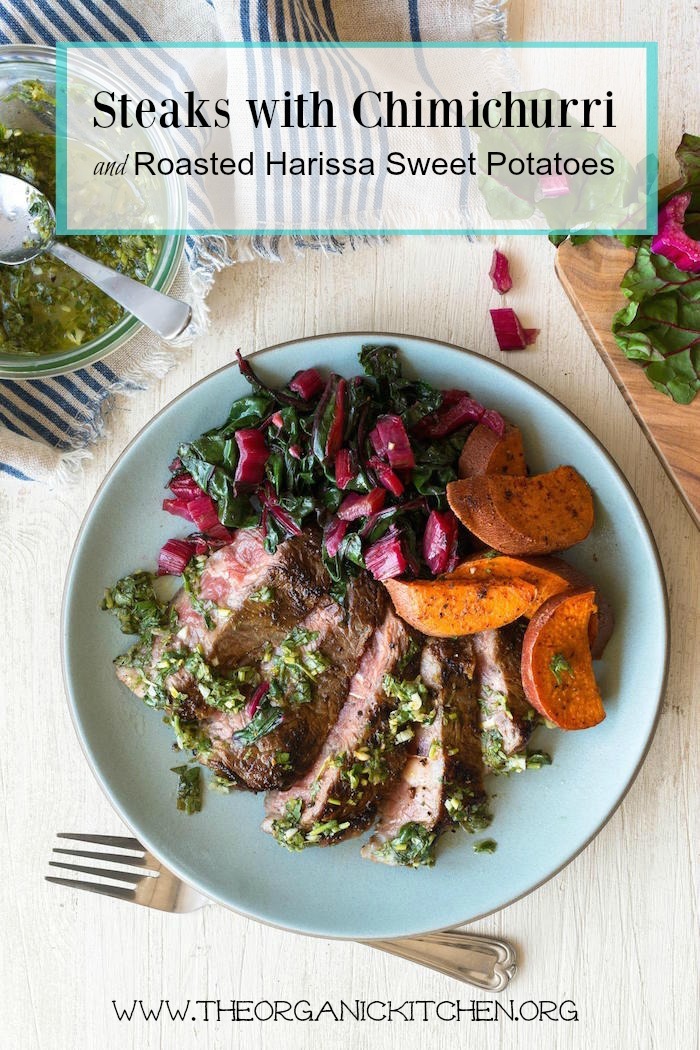 Steaks with Chimichurri and Roasted Harissa Sweet Potatoes