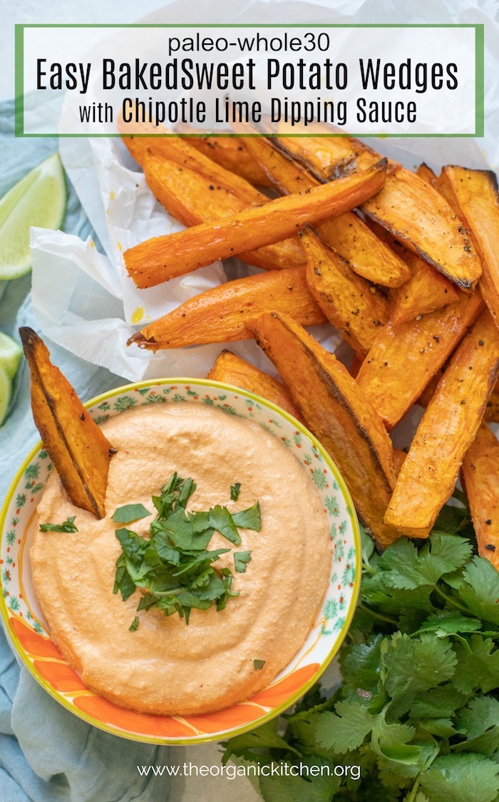 Easy Baked Sweet Potato Wedges with Chipotle Cashew Dip on crinkled white parchment paper