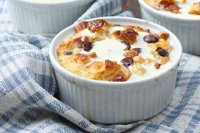 Chocolate Chip Bread Pudding with Vanilla Cream Sauce