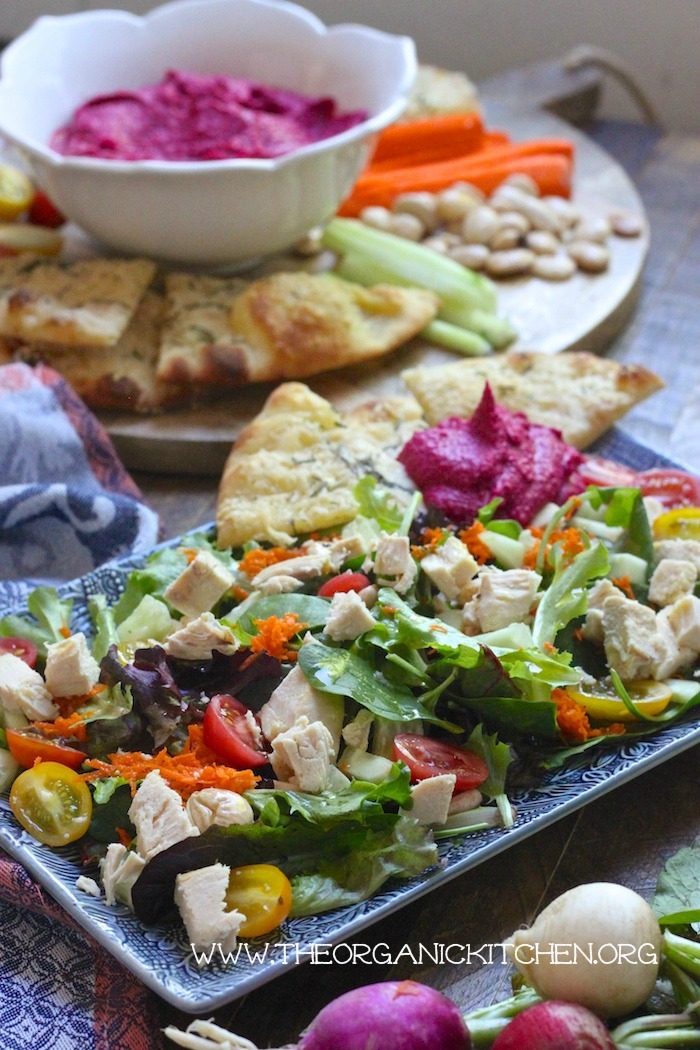 Mediterranean Chicken Salad with Parmesan Flatbread and Hummus