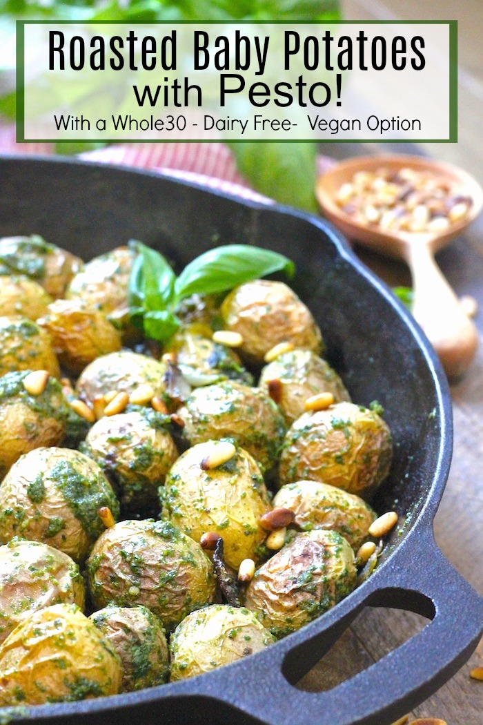 Roasted Baby Potatoes with Pesto: Traditional and Whole30, dairy free, vegan option in a black skillet 