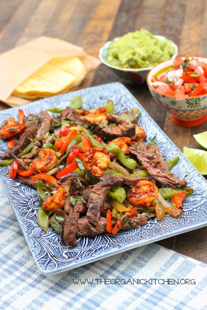 Steak and Shrimp Fajitas with all the Fixings! Paleo and Whole 30 Version