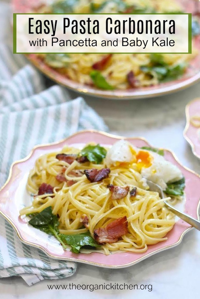 Pasta Carbonara with Baby Kale with Gluten Free Option #pastacarbonara #glutenfreepastacarbonara #pastacarbonarawtihbabykale