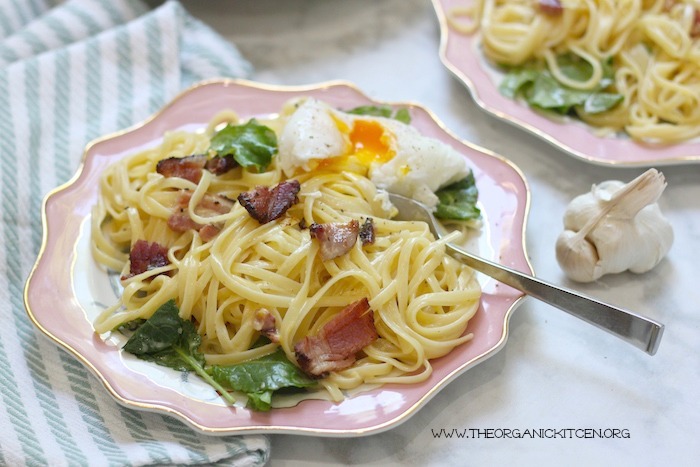 Pasta Carbonara with Baby Kale and Poached Eggs!