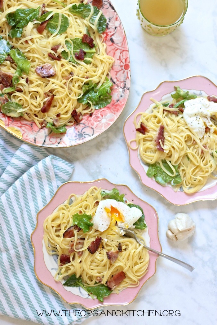 Pasta Carbonara with Baby Kale with Gluten Free Option #pastacarbonara #glutenfreepastacarbonara #pastacarbonarawtihbabykale