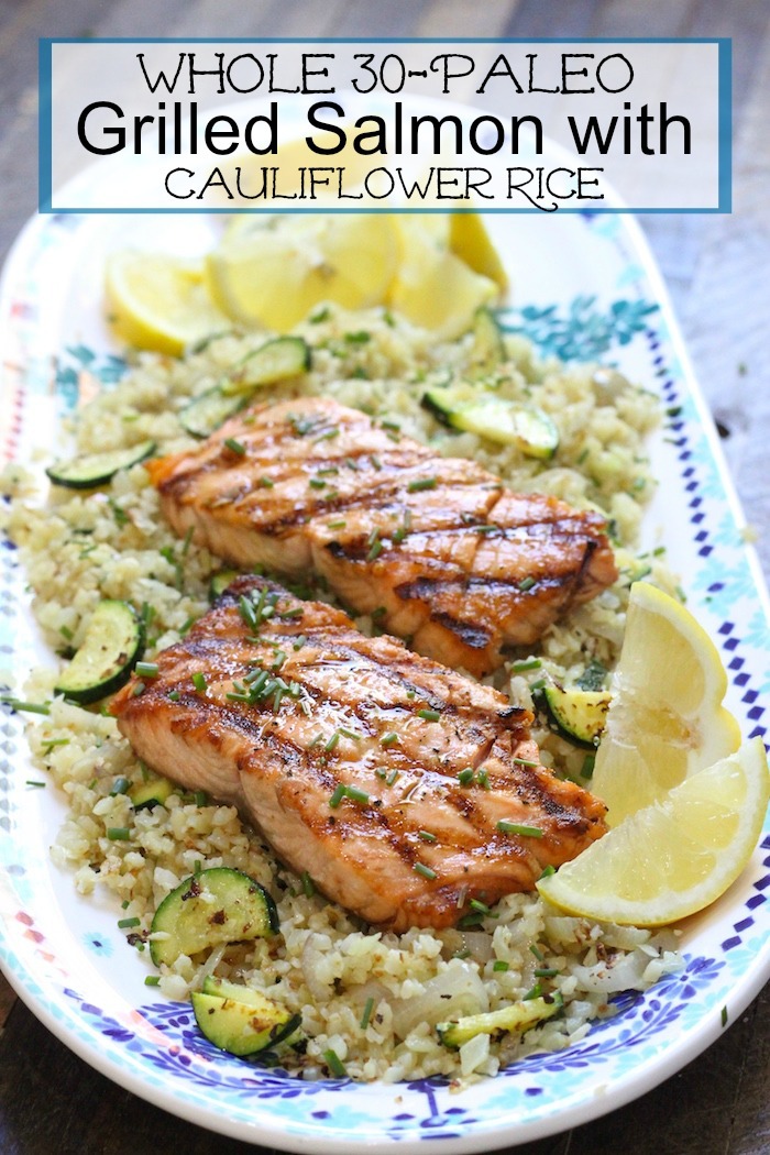This Grilled Salmon with Cauliflower Rice is a delicious, healthy, Paleo/Whole 30 grilling meal that is so delicious it feels like cheating.