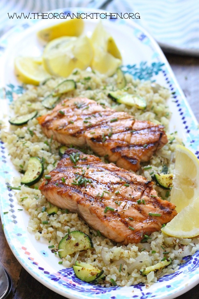 This Grilled Salmon with Cauliflower Rice is a delicious, healthy, Paleo/Whole 30 grilling meal that is so delicious it feels like cheating.