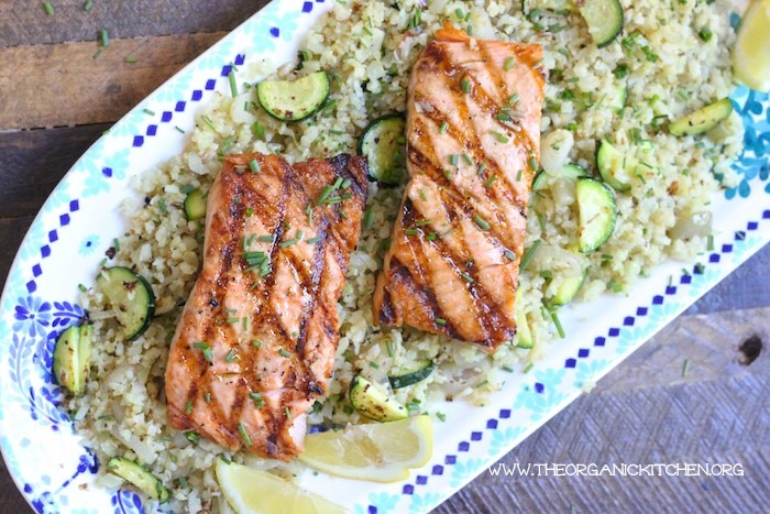 This Grilled Salmon with Cauliflower Rice is a delicious, healthy, Paleo/Whole 30 grilling meal that is so delicious it feels like cheating.