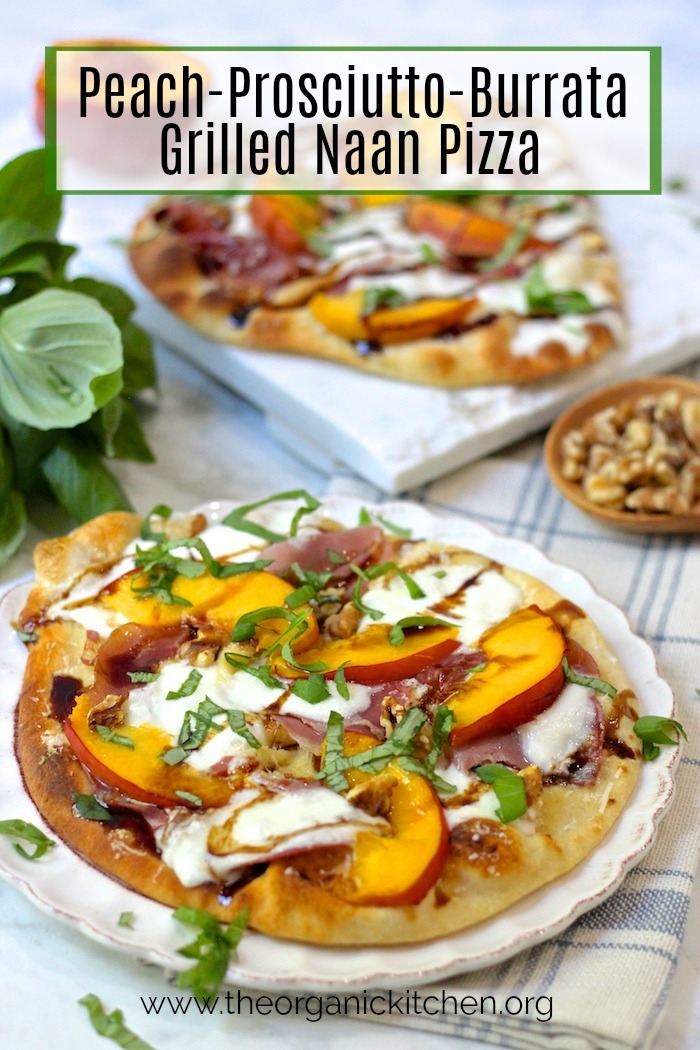 Peach, Prosciutto and Burrata Grilled Naan Pizza on a white plate