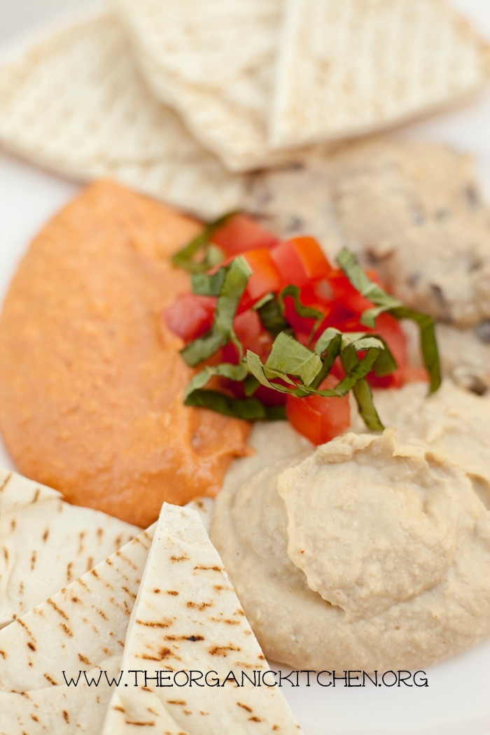 Hummus Trio Platter: Traditional, Black Bean and Roasted Red Bell Pepper