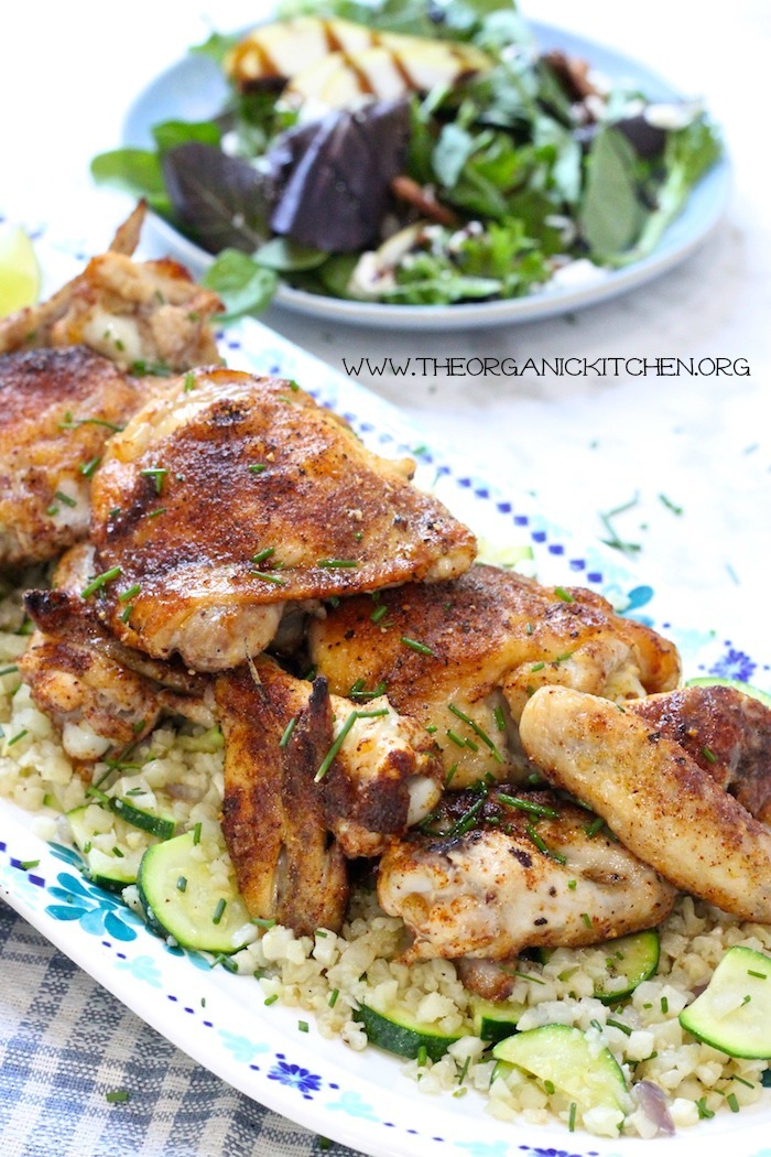 Moroccan Chicken and Cauliflower Rice Platter! with a salad in the background