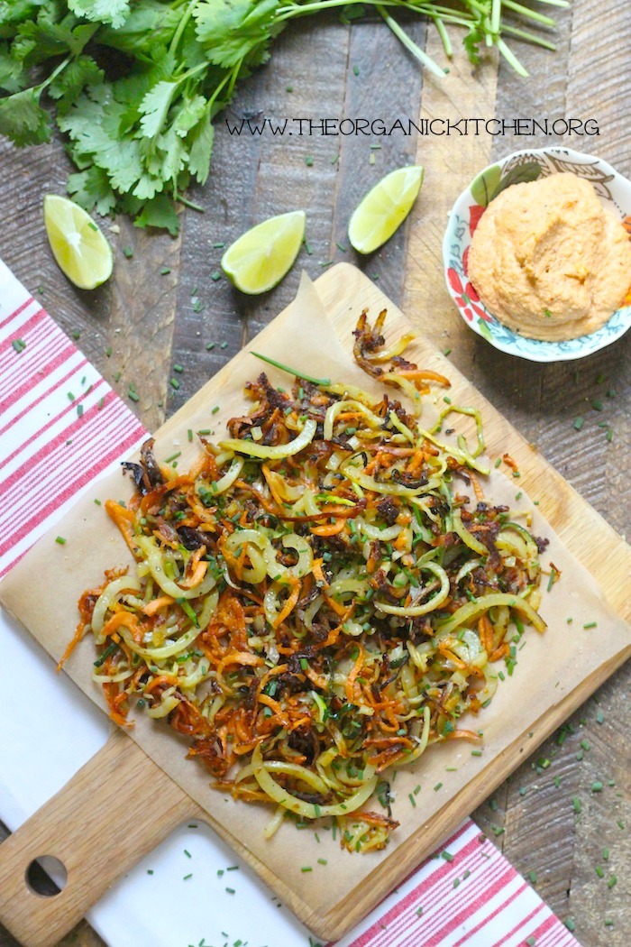 Crispy Spiralized Vegetables with Chipotle Lime Cashew Dipping Sauce! Paleo/Whole 30