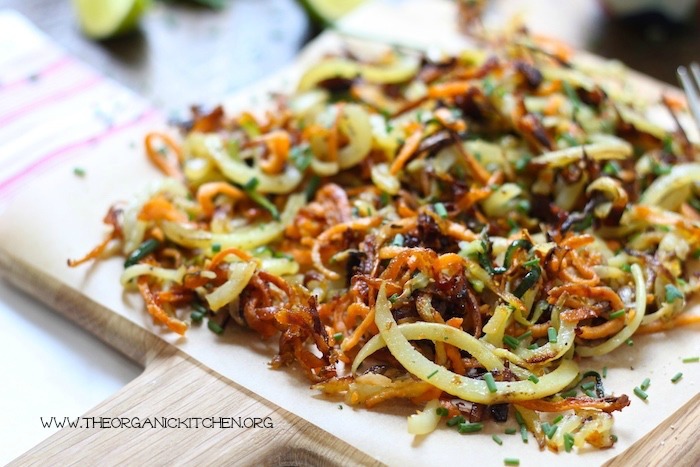 Crispy Spiralized Vegetables with Chipotle Lime Cashew Dipping Sauce